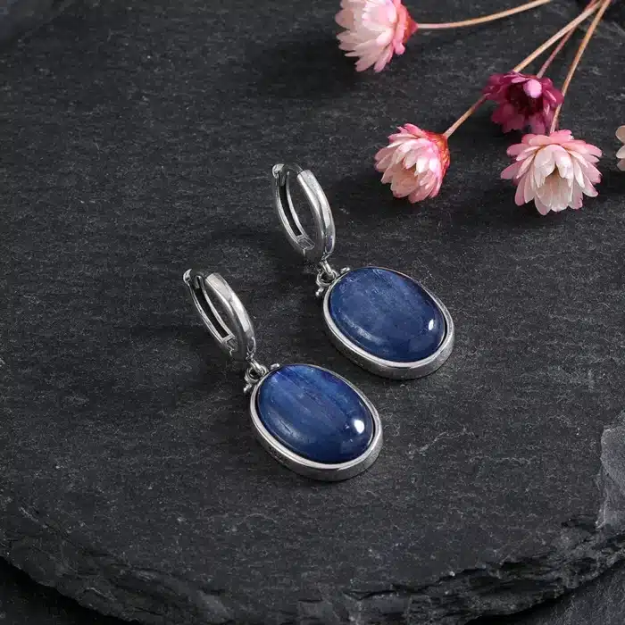 Boucles d'oreilles ovales en Kyanite naturelle, Style Simple, en argent S925, pendentif élégant, bijoux de luxe, cadeau d'anniversaire 3